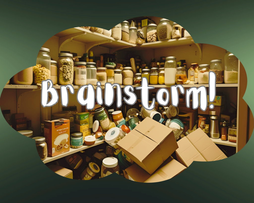 A cartoon illustration of pantry chaos — with a label that reads “brainstorm.”