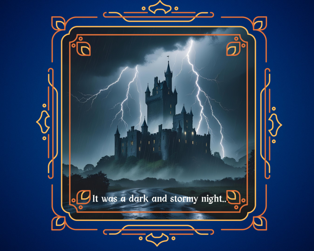 A dark, stormy Gothic scene with lightning flashing behind a silhouetted castle. Bold text across the image reads: “It was a dark and stormy night…”