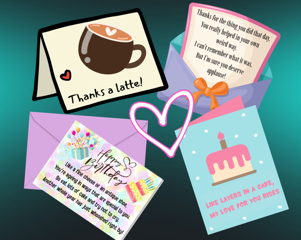 A colourful collage of six illustrated greeting cards with cheesy messages