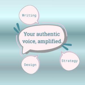 Illustration showing one large speech bubble emerging from three smaller ones labelled Writing, Design, and Strategy — symbolising how collaboration creates one clear, confident, and authentic brand voice.