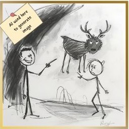 Cave painting cartoon showing a prehistoric man taking credit for his sister’s artwork, highlighting timeless issues of authorship and honesty.