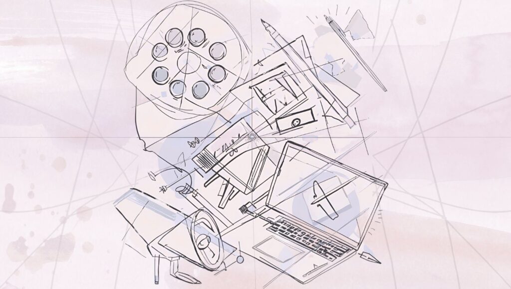 creative tools on a desk — pen, pencil, colour swatches, a laptop and a megaphone — symbolising the teamwork behind building a brand.