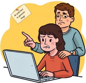 Cartoon of a writer at a laptop being interrupted by a chatty AI helper — capturing the love–hate relationship many of us have with AI.