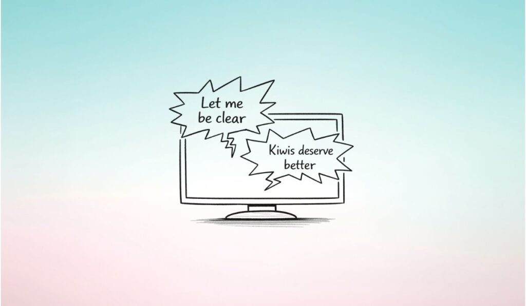 Cartoon line drawing of a television with jagged speech bubbles saying “let me be clear” and “kiwis deserve better”.