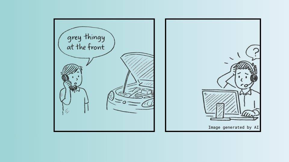 A simple black-and-white hand-drawn cartoon of a person standing beside a car with its hood open, talking on a cellphone. They look at the engine and say in a speech bubble, “grey thingy at the front,” suggesting they cannot clearly describe the problem.