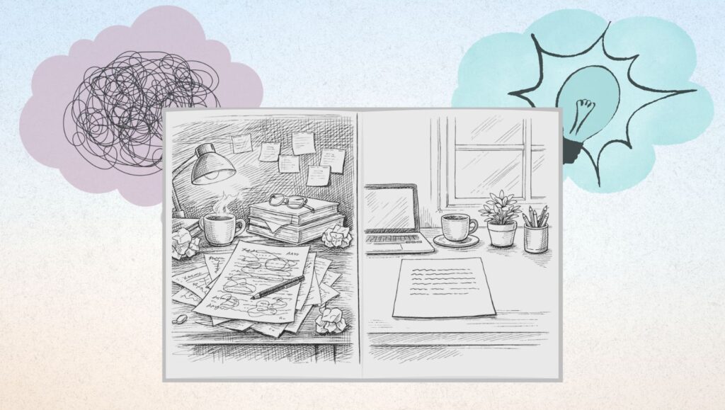 Split illustration showing a cluttered draft with heavy edits beside a clean, simple paragraph in a calm workspace.