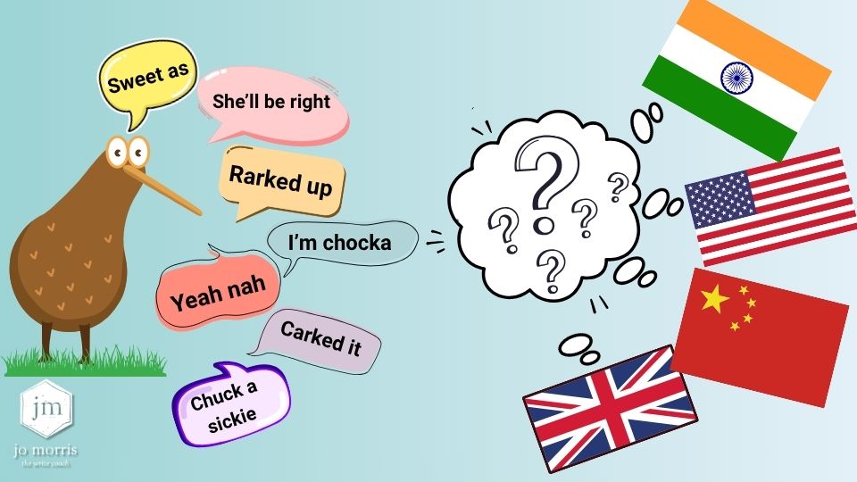 Two sided illustration showing confusion caused when a 'Kiwi' uses colloquial language to people from overseas (represented by flags from other countries)