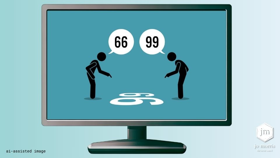Two people standing on opposite sides of the same number on the ground, one seeing it as 66 and the other as 99, illustrating different interpretations of the same situation.