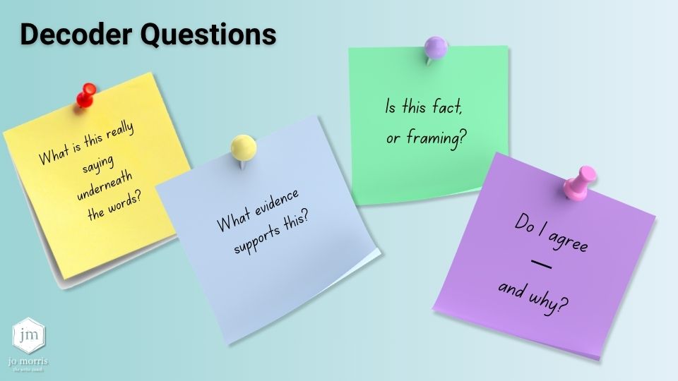 Post It notes displaying four questions prompting critical thinking about language and meaning.