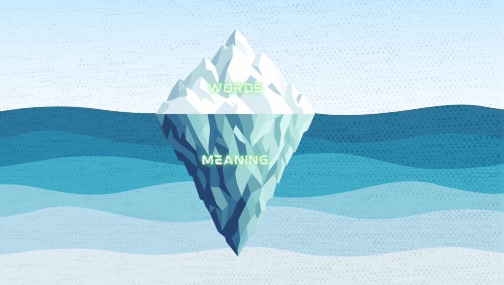 Iceberg diagram showing visible words above water labelled “words” and a larger hidden section below labelled “meaning,” suggesting that tone, context and intention matter.
