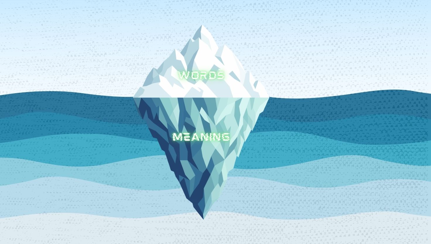 Iceberg diagram showing visible words above water labelled “words” and a larger hidden section below labelled “meaning,” suggesting that tone, context and intention matter.