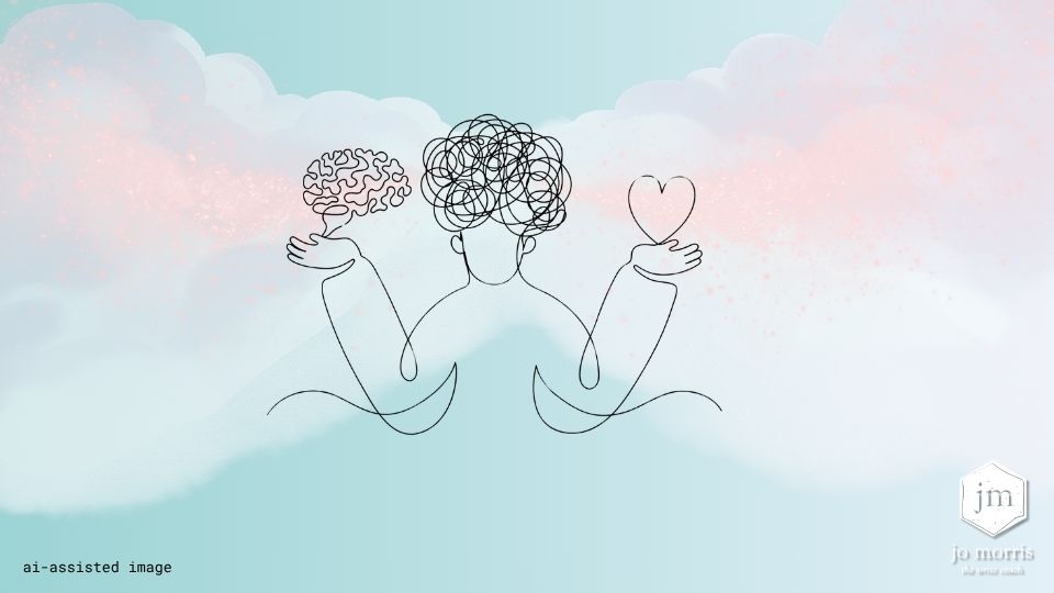 Simple illustration showing a brain and a heart balanced or contrasted to represent thinking versus feeling in decision making.